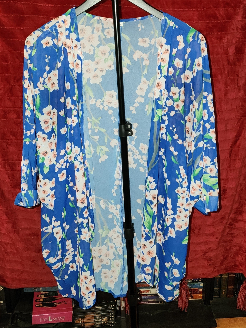 Blue Floral Open-Front Kimono